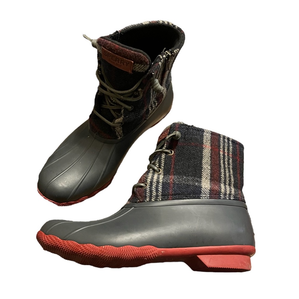 Sperry Saltwater Gray Plaid Waterproof Rubber Duck Boots